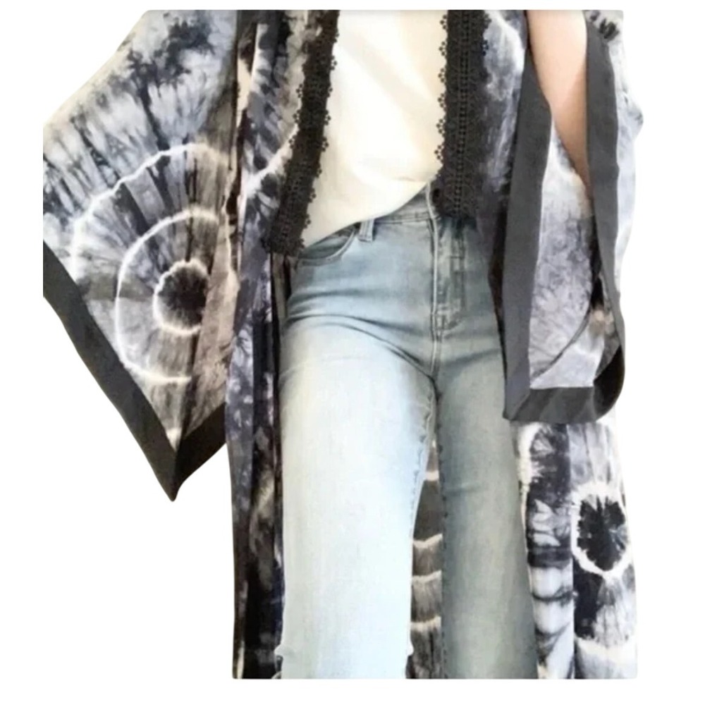 POL Gray Tie Dye Kimono Cardigan Duster Cover Up Top‎ Lace Trim Medium Boho